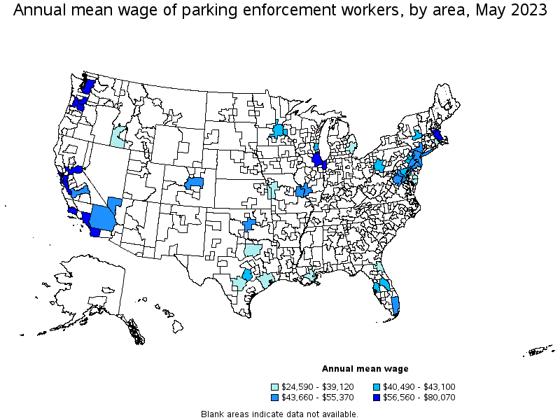Map of annual mean wages of parking enforcement workers by area, May 2021