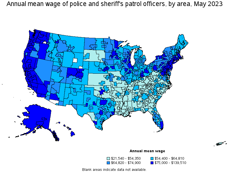 Map of annual mean wages of police and sheriff's patrol officers by area, May 2023