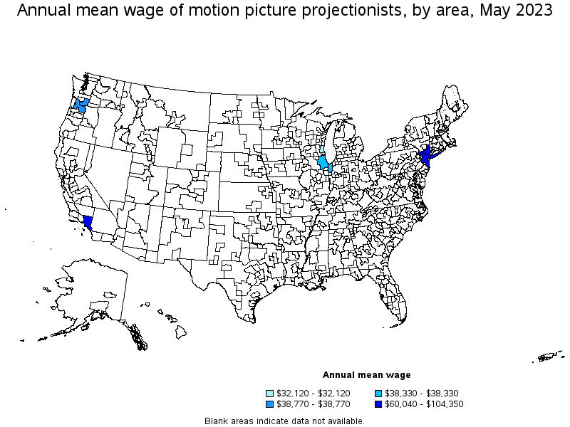 Map of annual mean wages of motion picture projectionists by area, May 2021