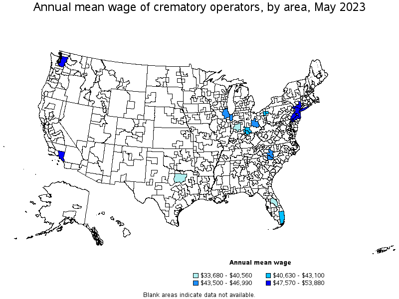 Map of annual mean wages of crematory operators by area, May 2022