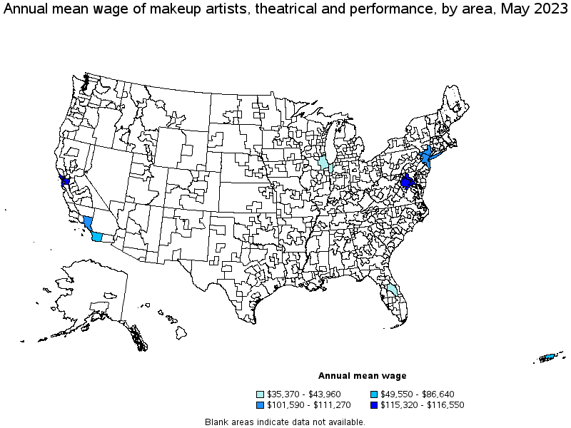 Map of annual mean wages of makeup artists, theatrical and performance by area, May 2022