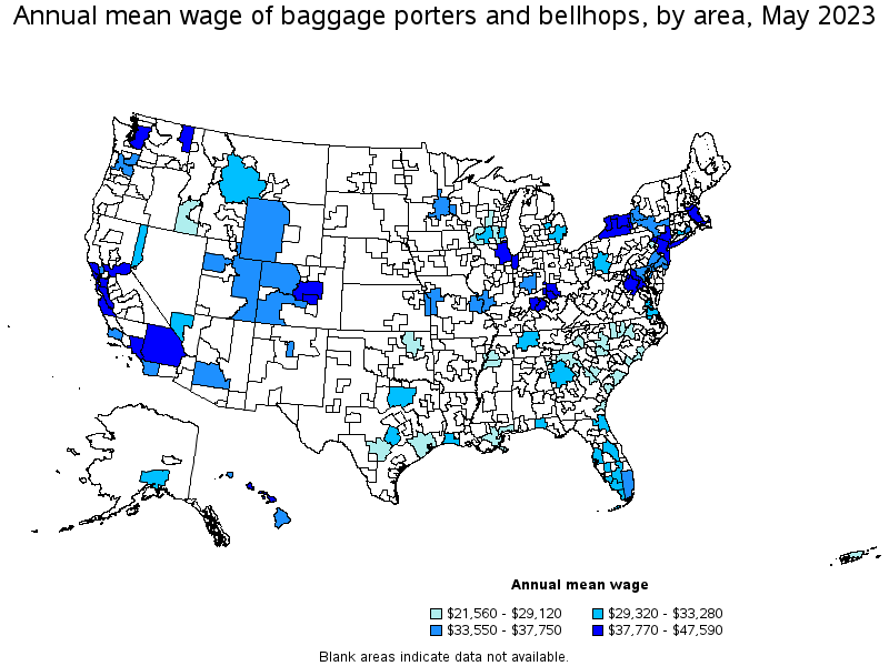 Map of annual mean wages of baggage porters and bellhops by area, May 2021