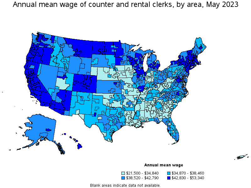 Map of annual mean wages of counter and rental clerks by area, May 2023