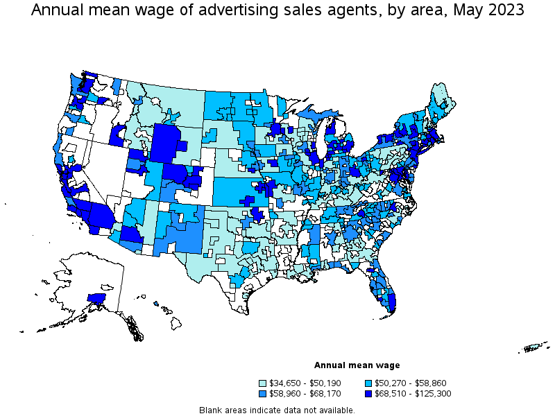 Map of annual mean wages of advertising sales agents by area, May 2022