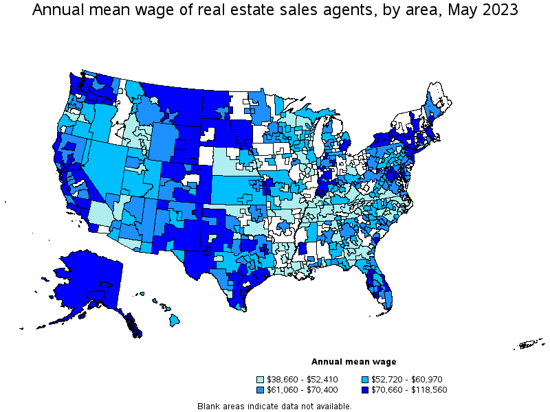 Map of annual mean wages of real estate sales agents by area, May 2023
