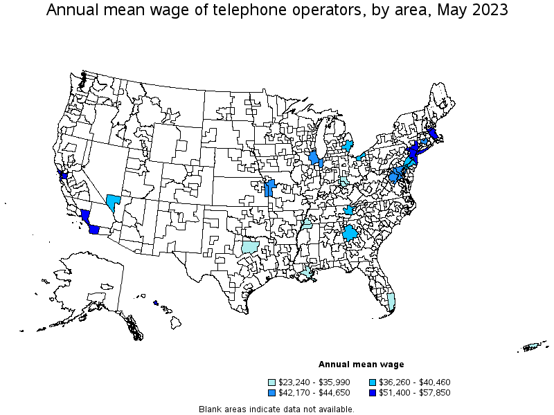 Map of annual mean wages of telephone operators by area, May 2023