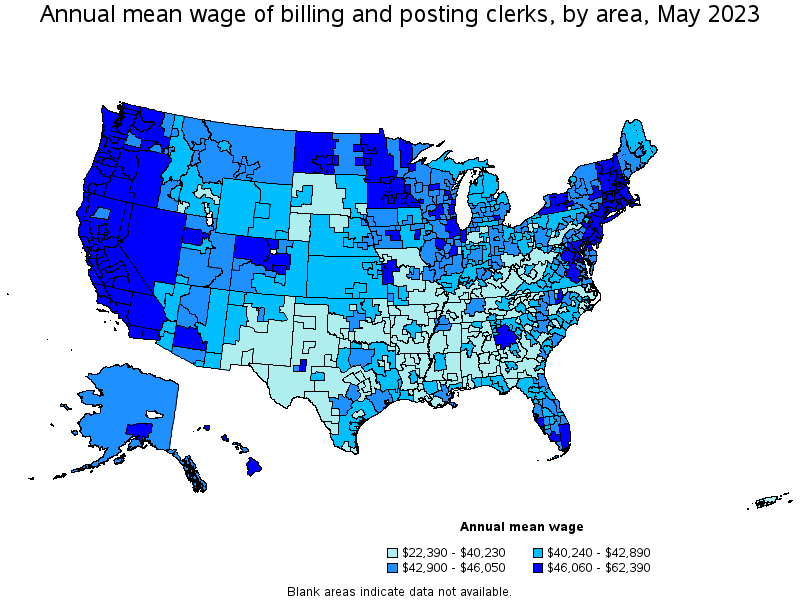 Map of annual mean wages of billing and posting clerks by area, May 2023