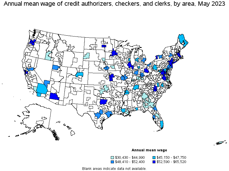Map of annual mean wages of credit authorizers, checkers, and clerks by area, May 2021