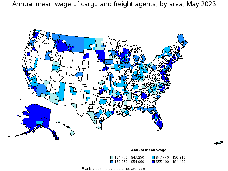 Map of annual mean wages of cargo and freight agents by area, May 2021