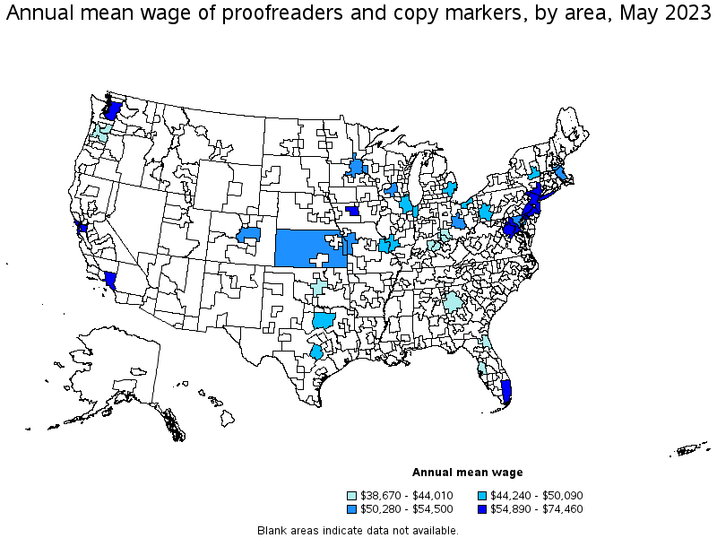 Map of annual mean wages of proofreaders and copy markers by area, May 2021