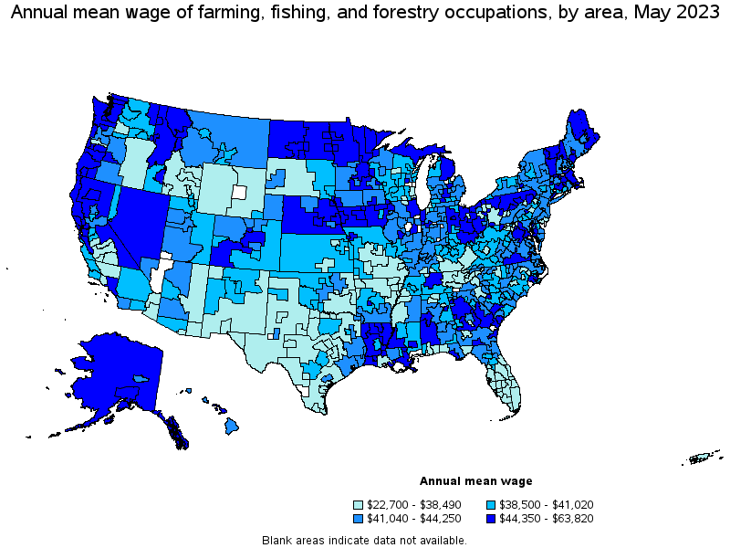 Map of annual mean wages of farming, fishing, and forestry occupations by area, May 2023