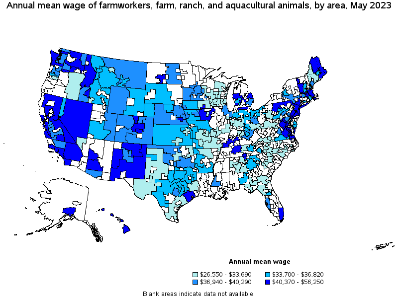 Map of annual mean wages of farmworkers, farm, ranch, and aquacultural animals by area, May 2021