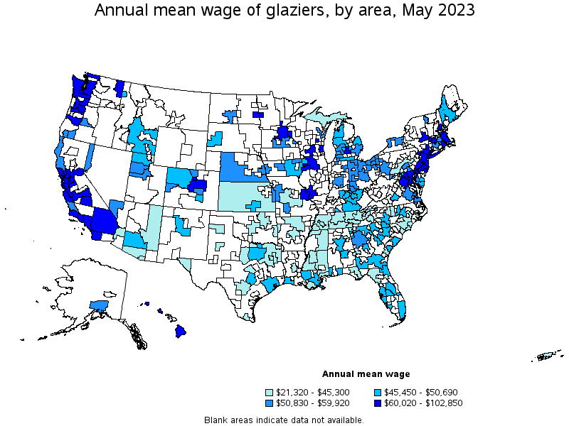 Map of annual mean wages of glaziers by area, May 2021