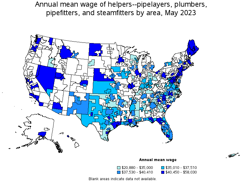 Map of annual mean wages of helpers--pipelayers, plumbers, pipefitters, and steamfitters by area, May 2022