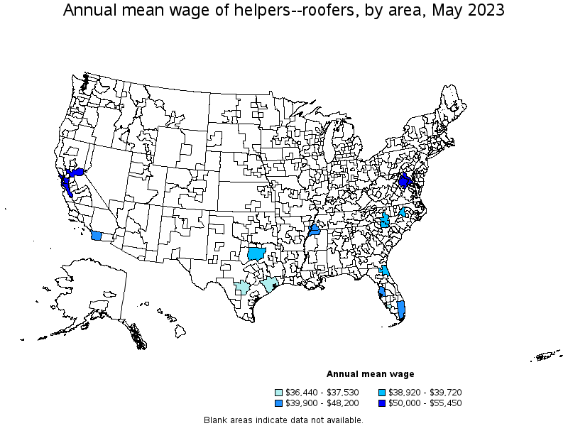 Map of annual mean wages of helpers--roofers by area, May 2022