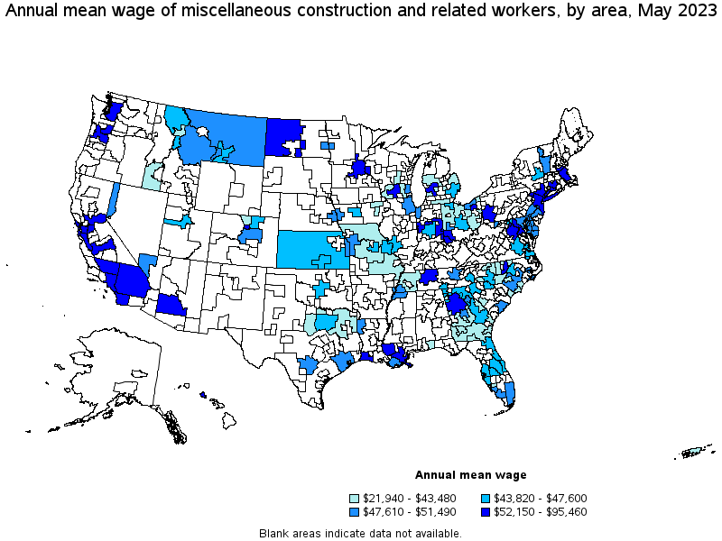 Map of annual mean wages of miscellaneous construction and related workers by area, May 2022