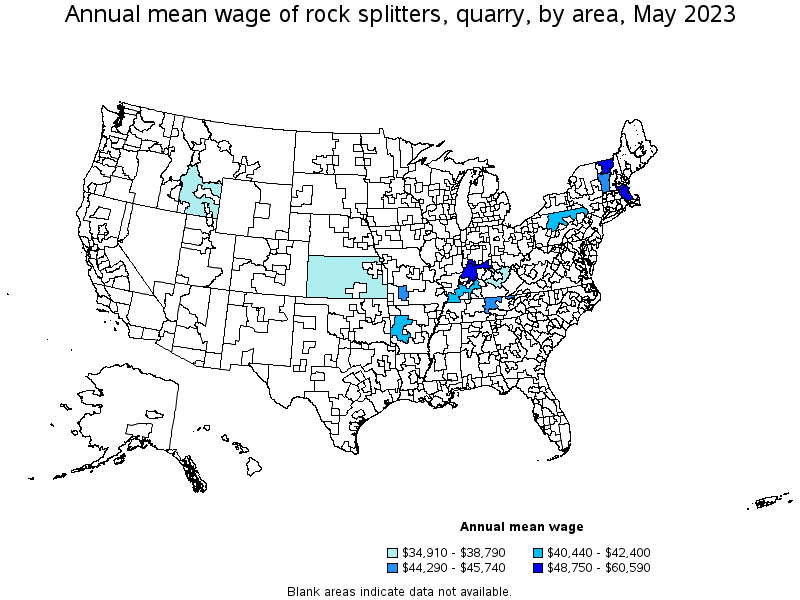 Map of annual mean wages of rock splitters, quarry by area, May 2022