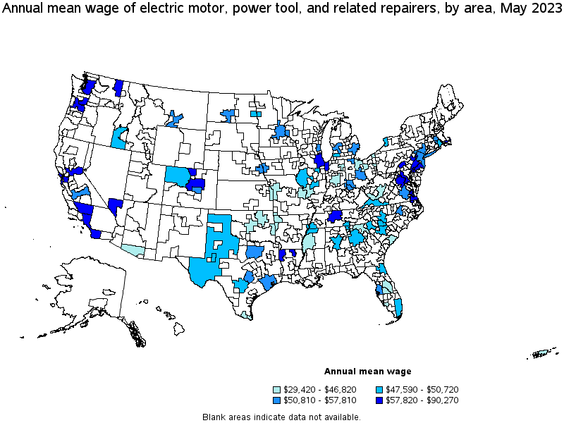 Map of annual mean wages of electric motor, power tool, and related repairers by area, May 2022