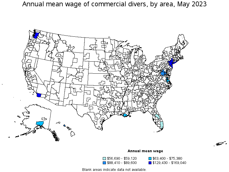 Map of annual mean wages of commercial divers by area, May 2021