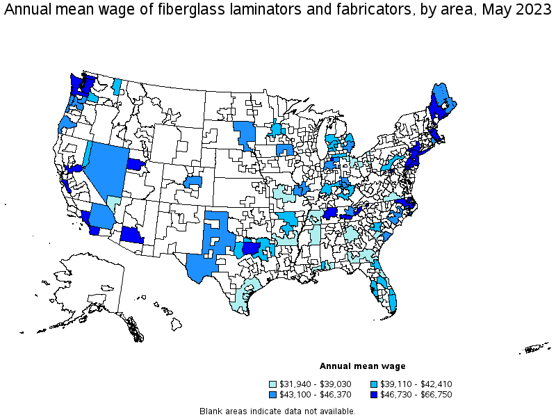 Map of annual mean wages of fiberglass laminators and fabricators by area, May 2022