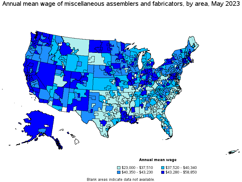 Map of annual mean wages of miscellaneous assemblers and fabricators by area, May 2022