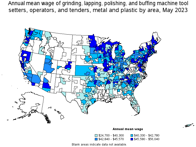 Map of annual mean wages of grinding, lapping, polishing, and buffing machine tool setters, operators, and tenders, metal and plastic by area, May 2021