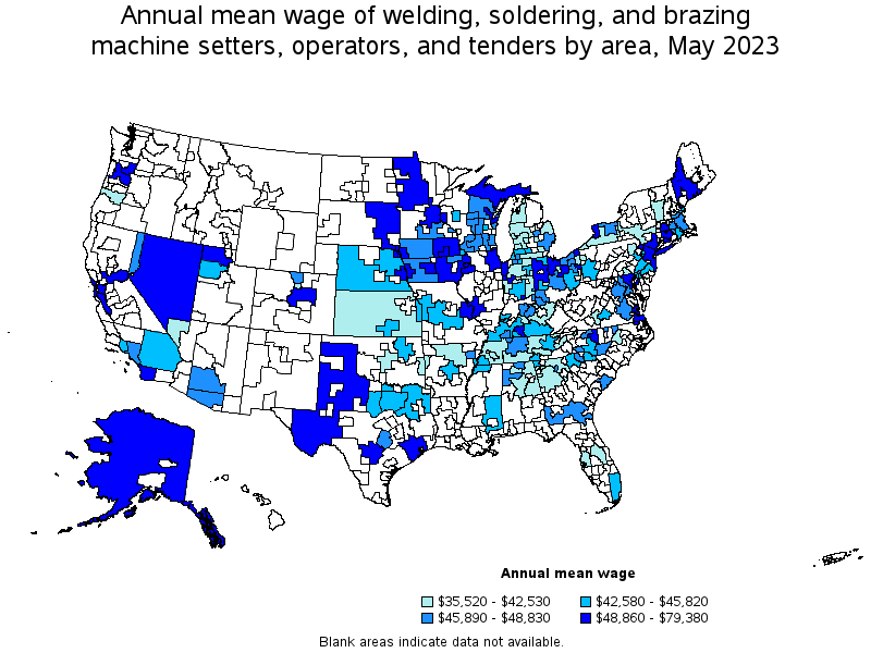 Map of annual mean wages of welding, soldering, and brazing machine setters, operators, and tenders by area, May 2022
