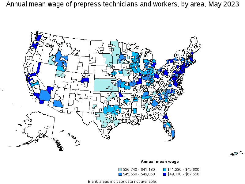 Map of annual mean wages of prepress technicians and workers by area, May 2022