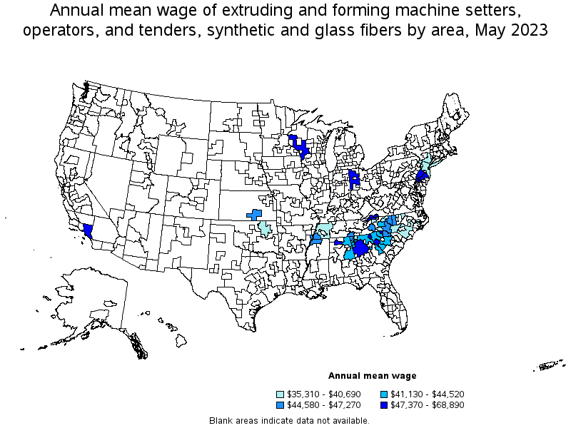 Map of annual mean wages of extruding and forming machine setters, operators, and tenders, synthetic and glass fibers by area, May 2021