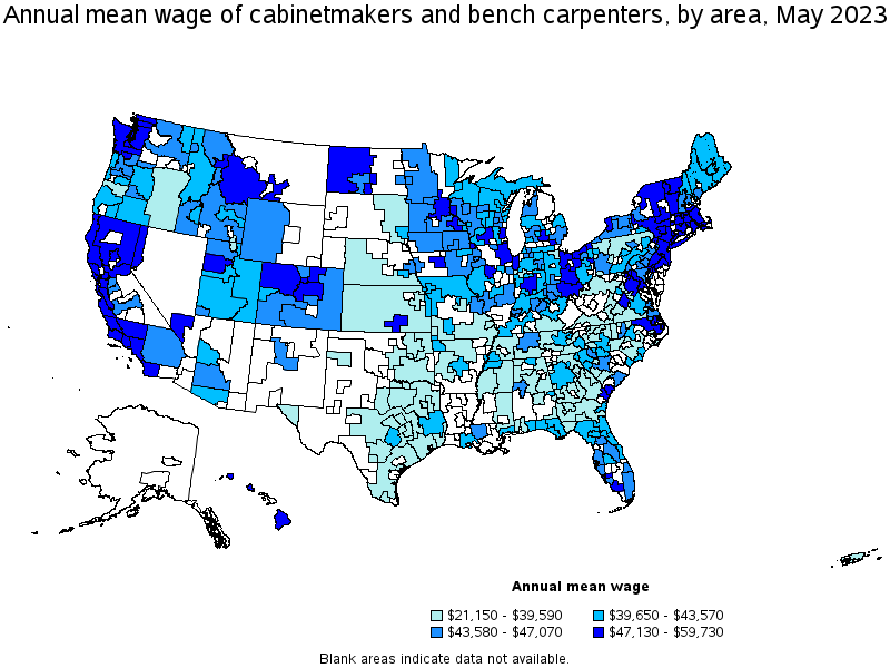 Map of annual mean wages of cabinetmakers and bench carpenters by area, May 2022