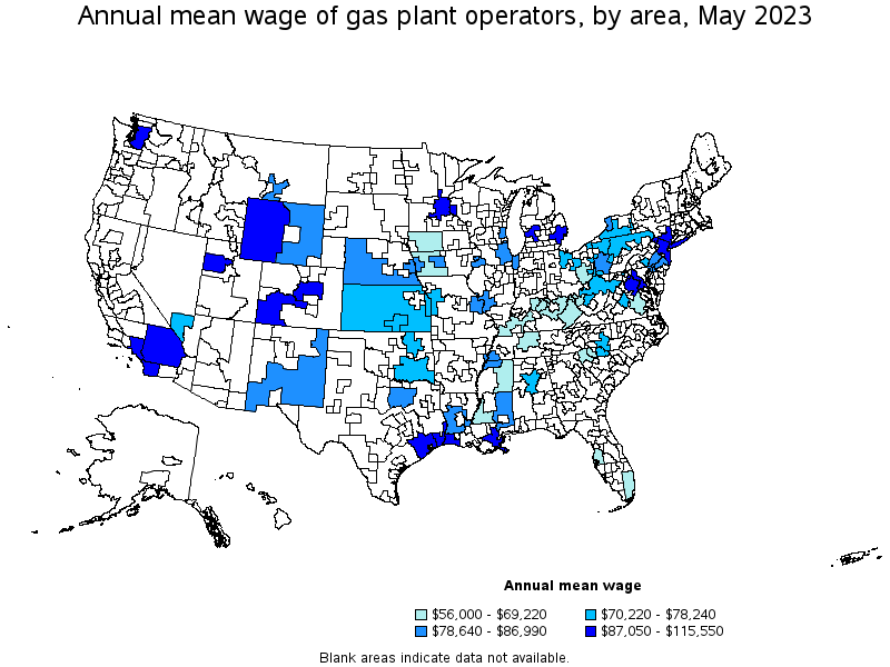 Map of annual mean wages of gas plant operators by area, May 2021