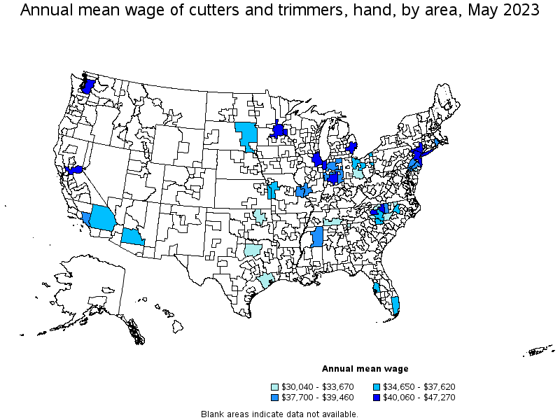 Map of annual mean wages of cutters and trimmers, hand by area, May 2021