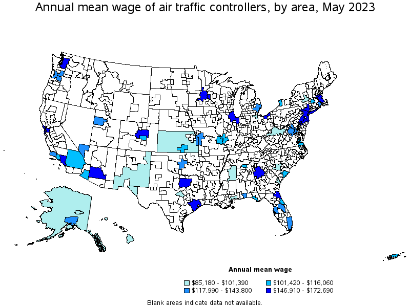 Map of annual mean wages of air traffic controllers by area, May 2022
