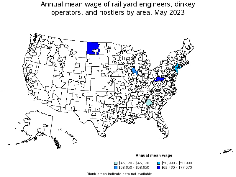 Map of annual mean wages of rail yard engineers, dinkey operators, and hostlers by area, May 2022