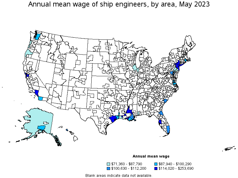 Map of annual mean wages of ship engineers by area, May 2022