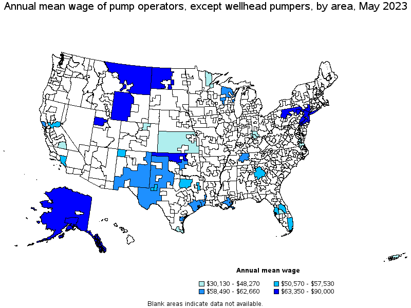 Map of annual mean wages of pump operators, except wellhead pumpers by area, May 2022