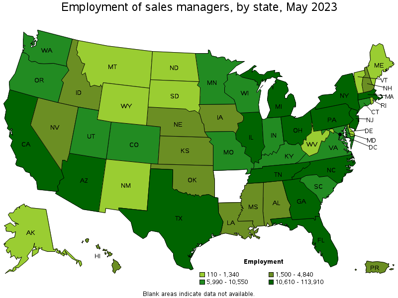 Map of employment of sales managers by state, May 2021