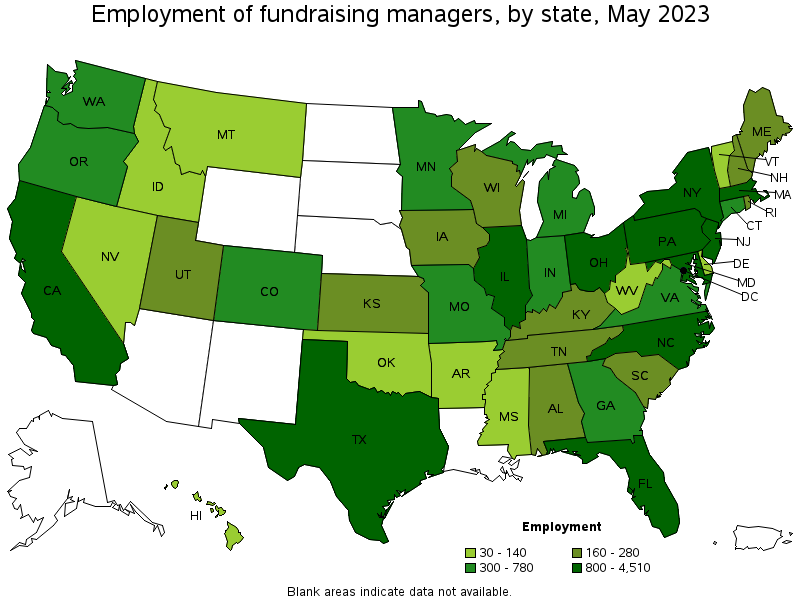 Map of employment of fundraising managers by state, May 2022