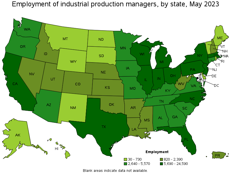 Map of employment of industrial production managers by state, May 2022