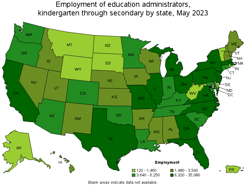 Map of employment of education administrators, kindergarten through secondary by state, May 2022