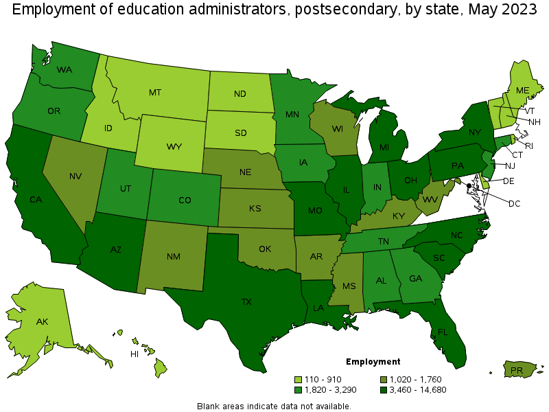 Map of employment of education administrators, postsecondary by state, May 2021