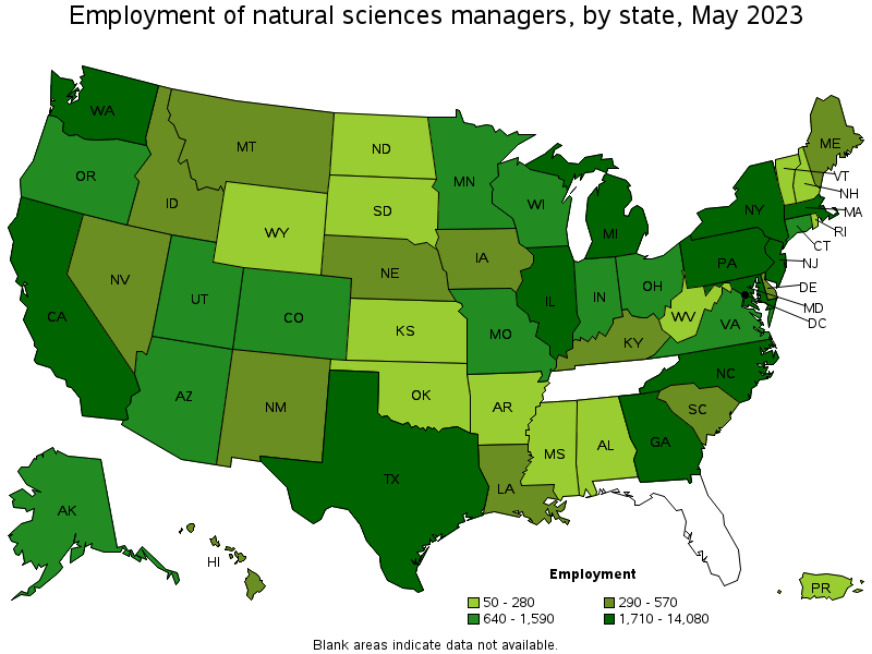 Map of employment of natural sciences managers by state, May 2022