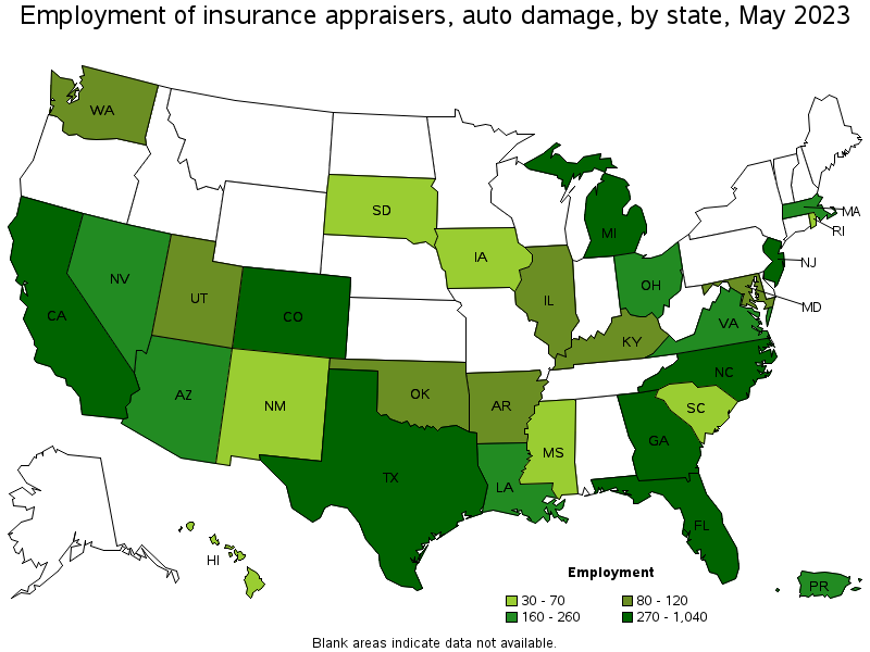 Map of employment of insurance appraisers, auto damage by state, May 2022