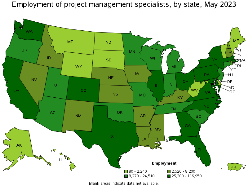 Map of employment of project management specialists by state, May 2021
