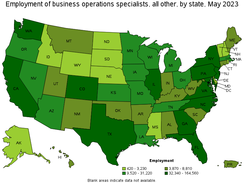 Map of employment of business operations specialists, all other by state, May 2021