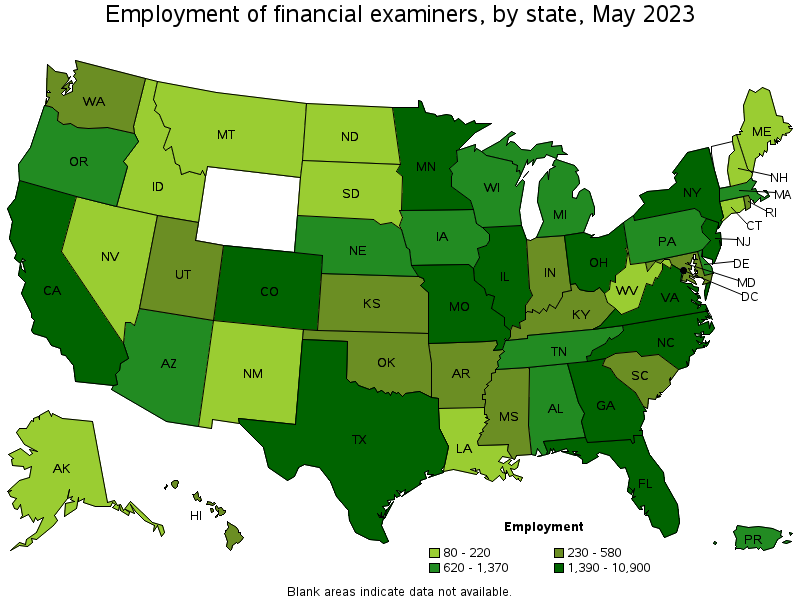 Map of employment of financial examiners by state, May 2021