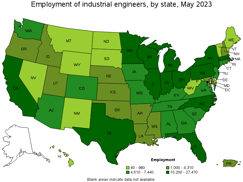 Map of employment of industrial engineers by state, May 2022
