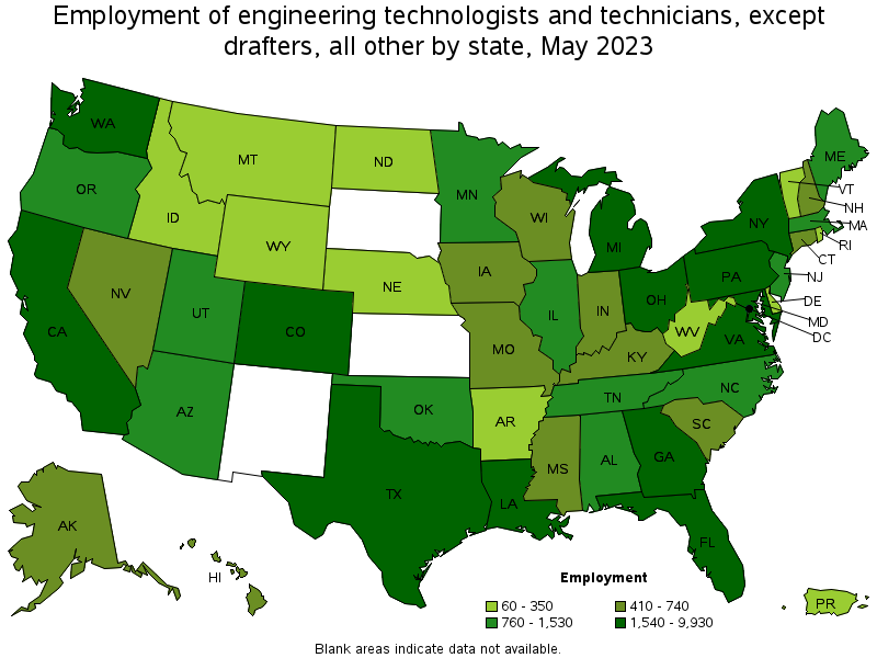 Map of employment of engineering technologists and technicians, except drafters, all other by state, May 2021