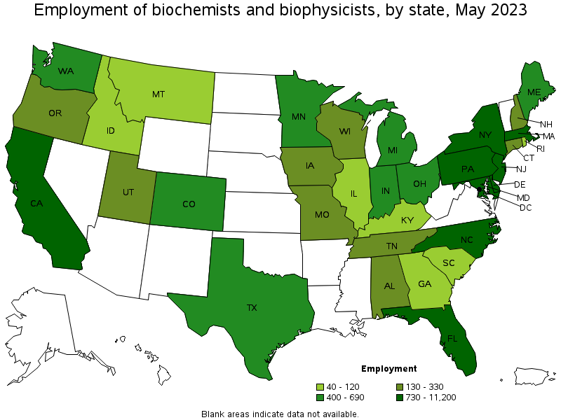 Map of employment of biochemists and biophysicists by state, May 2022
