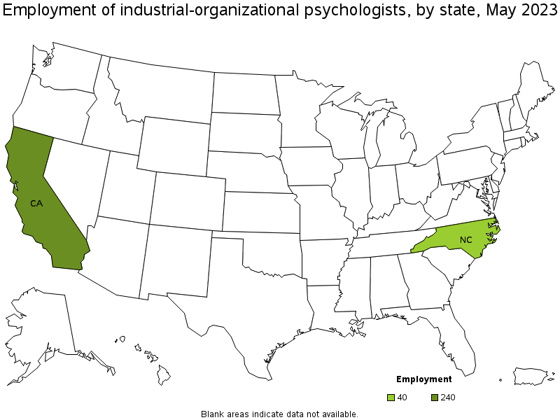 Map of employment of industrial-organizational psychologists by state, May 2023